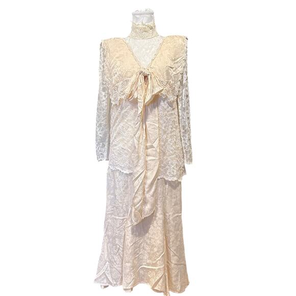 Jessica McClintock Ivory Silk Lace Asymmetrical Dress Womens Sz 0 Ruffle Collar - Picture 1 of 16